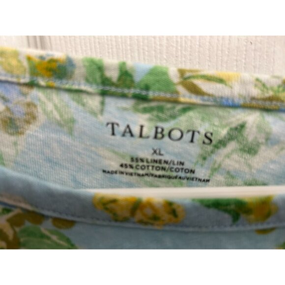 Talbots Hibiscus Tropical Print Short Sleeve Tee Shirt Blue Yellow - XL - Picture 2 of 4